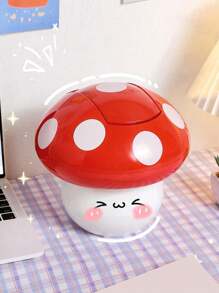 1pc Mushroom Shaped Trash Can, Creative Cartoon Desktop Storage Bin, Shake Head Kitchen Trash Can With Notepad, Multi-Functional Household Storage Container For Car Or Desk, Cute Desktop Garbage Bin - Red and White - View 4