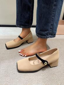 Của phụ nữ Mary Jane Khóa vuông Giày dép , Retro Phong cách Pháp Mềm mại Dày Gót chân Da Giày dép Cho mùa xuân Và Mùa thu 2023 - Màu Khaki - Xem 4