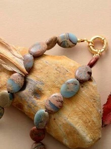 1 Miếng Tự nhiên đá Của phụ nữ Dây chuyền , Hình trái xoan Hạt Xương quai xanh Chuỗi , Đơn giản Và Cá nhân hóa , Màu sắc tùy ý - Hạt phẳng hình bầu dục - Xem 3