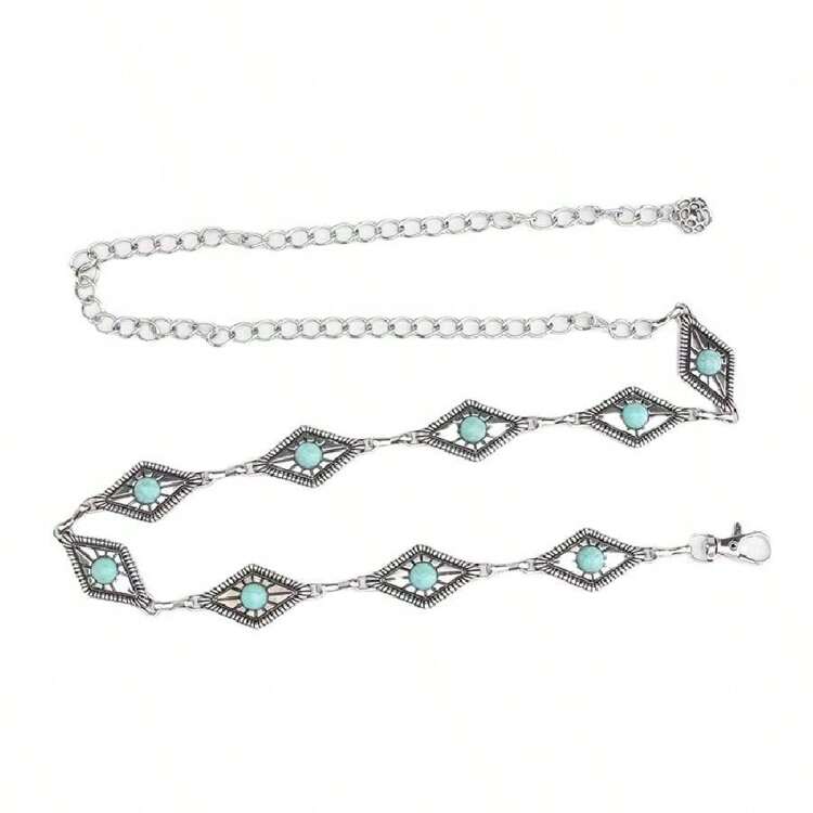Boho 1pc Women's Artificial Green Stone Inlaid Metal Geometric Pattern Waist Chain, Sexy, Elegant And Versatile For Dress Accessory, Stylish Belt For Girls, Bohemian Style - Multicolor - View 19