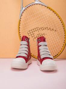 Toddler Kids Boys And Girls Lace-Up Front High Top Skate Shoes Pu Leather Sport Shoes With Side Zipper And Comfortable Soft Sole - 紅色 - 查看 3