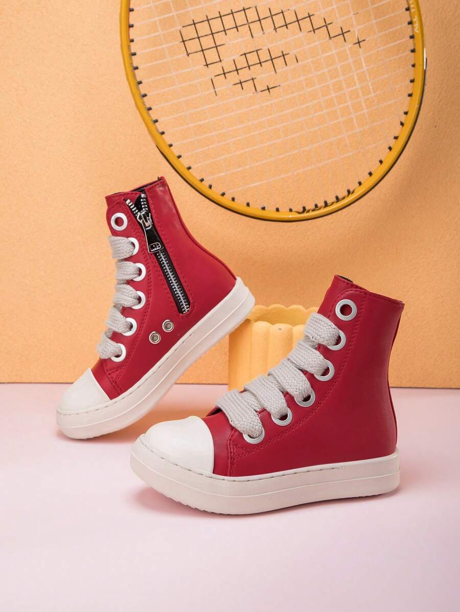 Toddler Kids Boys And Girls Lace-Up Front High Top Skate Shoes Pu Leather Sport Shoes With Side Zipper And Comfortable Soft Sole - 紅色 - 查看 1