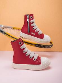 Toddler Kids Boys And Girls Lace-Up Front High Top Skate Shoes Pu Leather Sport Shoes With Side Zipper And Comfortable Soft Sole - 紅色 - 查看 2