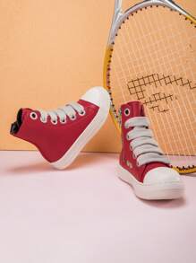 Toddler Kids Boys And Girls Lace-Up Front High Top Skate Shoes Pu Leather Sport Shoes With Side Zipper And Comfortable Soft Sole - 紅色 - 查看 4