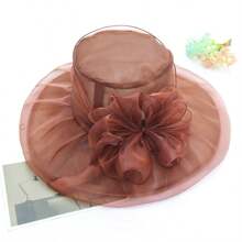 1pc Vintage Elegant Double Layer Organza Flower Detail Sun Hat With Foldable Brim For Women, Summer Bow - Multicolor - View 12