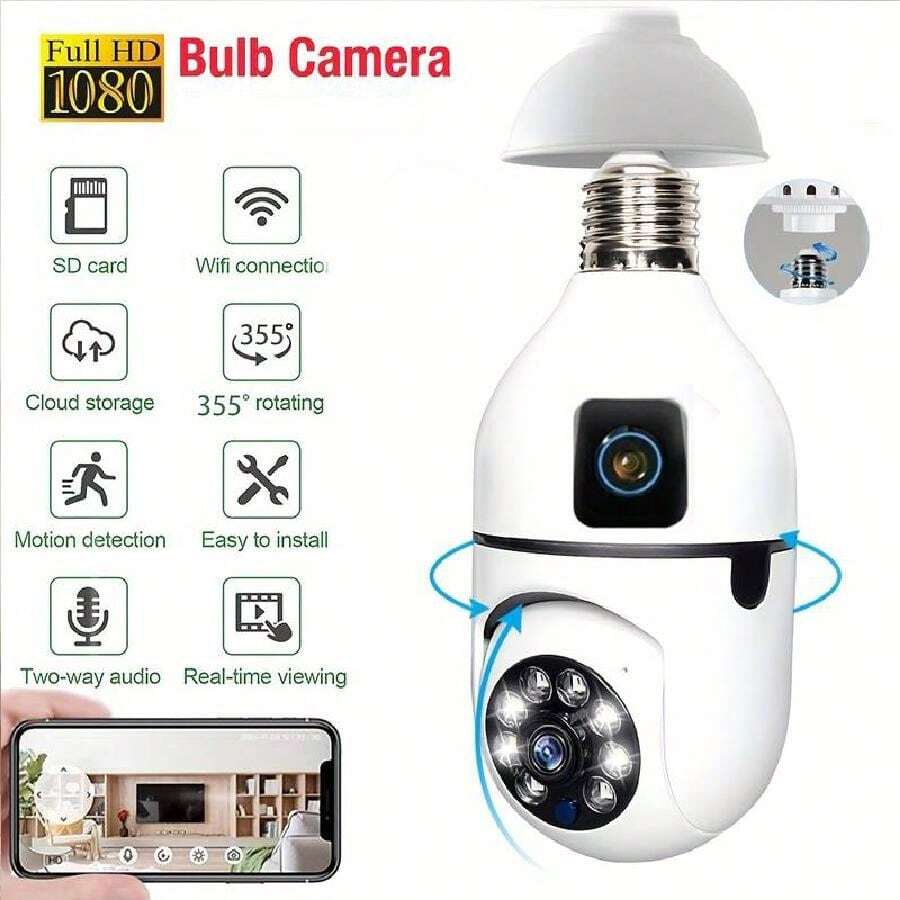 Vavupo 1080P WIFI Bulb Camera Wireless Baby Monitor Dual Lens Color Night Vision Two-Way Audio Indoor Video Surveillance CCTV Cameras