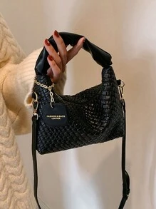 New Fashionable Simple Folded Woven Pu Colorblock Tote Shoulder Crossbody Bag - Black - View 1