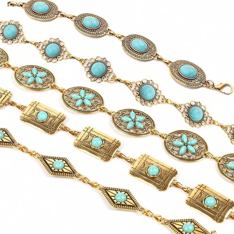 Boho 1pc Women's Artificial Green Stone Inlaid Metal Geometric Pattern Waist Chain, Sexy, Elegant And Versatile For Dress Accessory, Stylish Belt For Girls, Bohemian Style - Multicolor - View 1