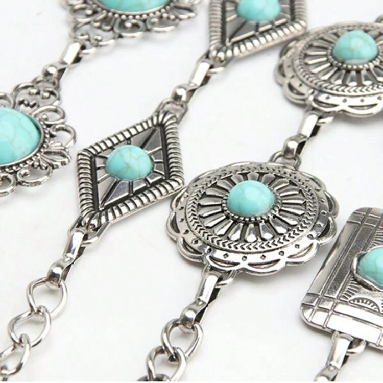 Boho 1pc Women's Artificial Green Stone Inlaid Metal Geometric Pattern Waist Chain, Sexy, Elegant And Versatile For Dress Accessory, Stylish Belt For Girls, Bohemian Style - Multicolor - View 3