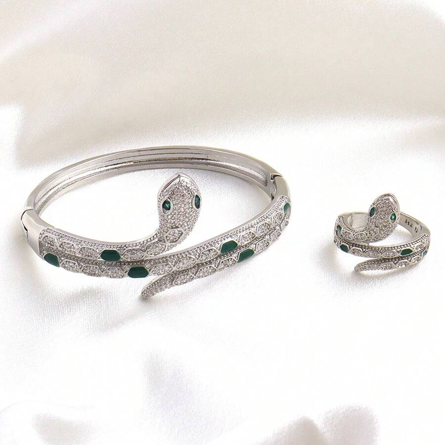 2入組/套銅和鋯石鑲嵌時尚蛇形扣開口手鍊和開口戒指禮物組合,適用於女性