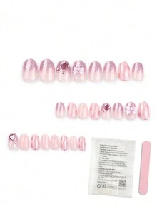 24入組短圓形指甲貼,配有粉色3d蝴蝶結和心形鑽石裝飾、粉色閃爍和漸變貼紙。每套附帶果凍膠1pc、指甲文件1pc。適用於派對、舞蹈或日常穿著,讓你的風格更上一層樓。 - 彩色 - 查看 2