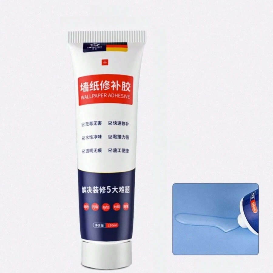 1入組150毫升易於使用的壁紙黏合劑,免費附贈噴嘴和修復膠,適用於臥室、客廳、廚房等壁紙修復
