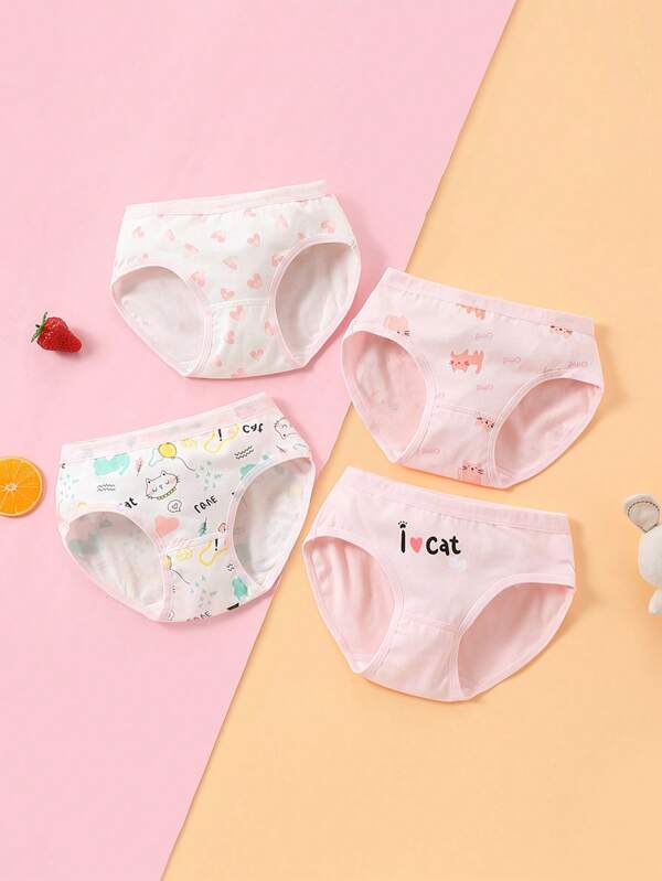 Giovane Ragazza 4 Pezzi/set Mutandine Bikini Stampa Cartone Animato Carino A Forma Di Gatto E Cuore Per Tutte Le Stagioni