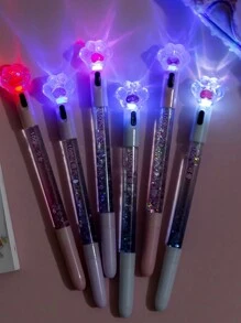 1pc Crystal Cat Paw With Light Flashed Into The Oil Quicksand Gel Pen With Words Without Words Random Student Sequin Fairy Stick Pen Creative Office Stationery, Suitable For Students Gifts, Writing, Book Lights - Blue - View 1