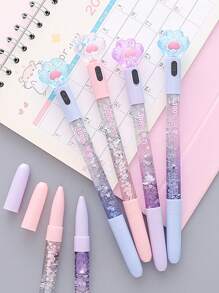 1pc Crystal Cat Paw With Light Flashed Into The Oil Quicksand Gel Pen With Words Without Words Random Student Sequin Fairy Stick Pen Creative Office Stationery, Suitable For Students Gifts, Writing, Book Lights - Blue - View 2