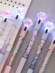1pc Crystal Cat Paw With Light Flashed Into The Oil Quicksand Gel Pen With Words Without Words Random Student Sequin Fairy Stick Pen Creative Office Stationery, Suitable For Students Gifts, Writing, Book Lights - Blue - View 3