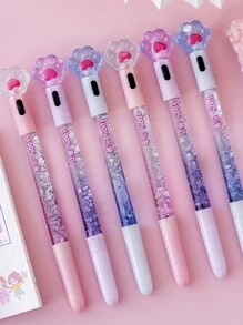 1pc Crystal Cat Paw With Light Flashed Into The Oil Quicksand Gel Pen With Words Without Words Random Student Sequin Fairy Stick Pen Creative Office Stationery, Suitable For Students Gifts, Writing, Book Lights - Blue - View 5