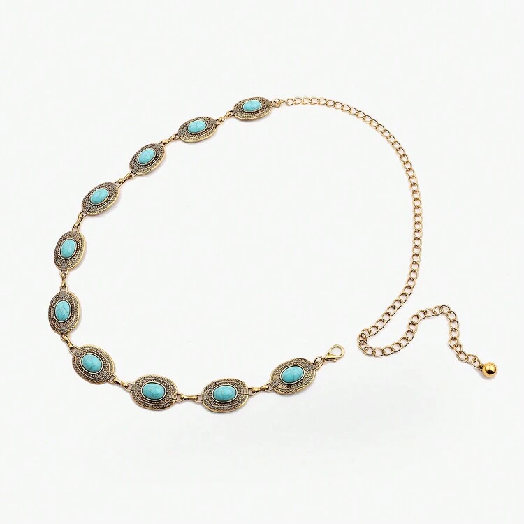 Boho 1pc Women's Artificial Green Stone Inlaid Metal Geometric Pattern Waist Chain, Sexy, Elegant And Versatile For Dress Accessory, Stylish Belt For Girls, Bohemian Style - Multicolor - View 12