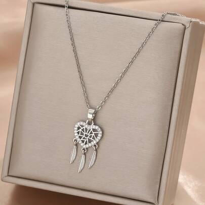 1 pièce Collier pendentif avec chaîne en acier inoxydable argenté plaqué or, zircone cubique, plume et gland. Design créatif et unique, collier minimaliste polyvalent pour femmes, convient pour la rue, le quotidien, les vacances et les fêtes