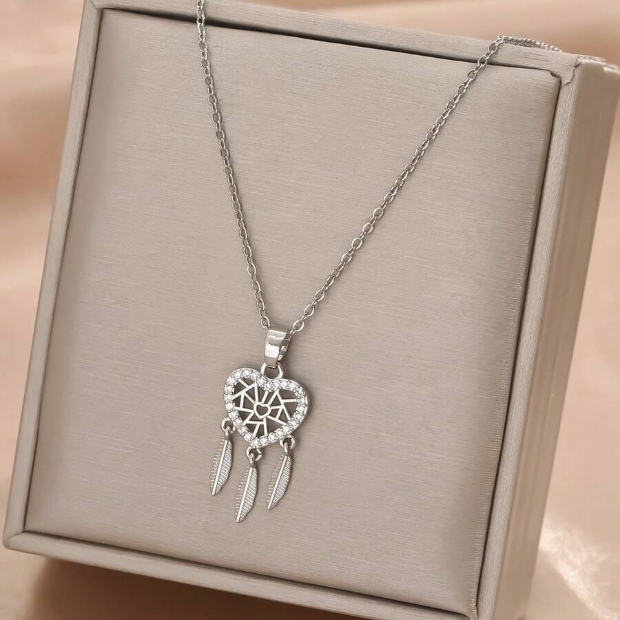 1 chiếc dây chuyền thép không gỉ mạ vàng đính đá Cubic Zirconia hình trái tim và lông vũ, thiết kế độc đáo, tối giản, đa năng dành cho nữ, phù hợp cho dạo phố, hàng ngày, ngày lễ và tiệc tùng. - Bạc - Xem 1