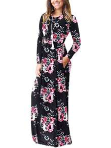 Maxi Dresses For Women Long Sleeve Casual Loose Long Dresses With Pockets - Black and White - View 3