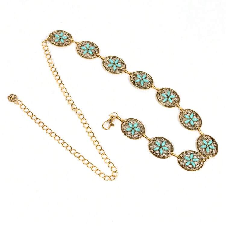 Boho 1pc Women's Artificial Green Stone Inlaid Metal Geometric Pattern Waist Chain, Sexy, Elegant And Versatile For Dress Accessory, Stylish Belt For Girls, Bohemian Style - Multicolor - View 14