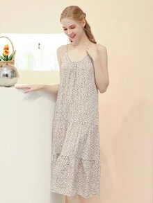 復古風格花卉印花v領吊帶睡裙,適用於春夏季節 - 米色 - 查看 4