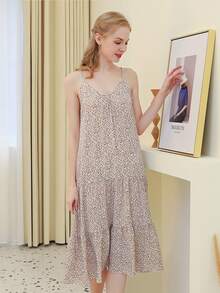 復古風格花卉印花v領吊帶睡裙,適用於春夏季節 - 米色 - 查看 2