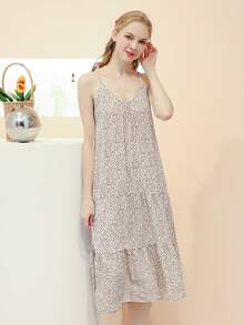 復古風格花卉印花v領吊帶睡裙,適用於春夏季節 - 米色 - 查看 3