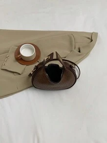 1pc Zipper Closure Solid Color Pu Woven Bag, Retro Style, Crescent-Shaped Bag, Shoulder, Crossbody Bag For Women, Suitable For Dating, Daily Gift Use - Coffee Brown - View 8