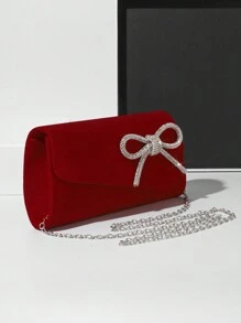 SIIZA Red Mini Hand Bag Sparkly Rhinestone Bow Decor Women Evening Bag With Chain For Party & Wedding, Perfect Valentine's Day Gift For Her, Best Valentine's Gift Choice Ever Valentines