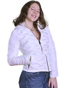 Abrigo Acolchonado Con Capucha Y Cremallera Sólida Colina - Blanco - Ver 1