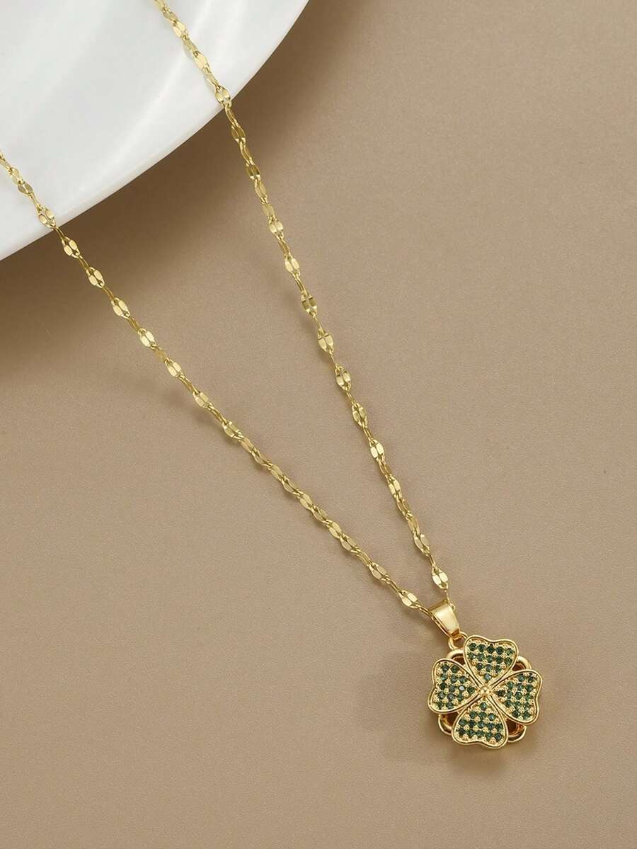 1 件时尚旋转四叶草不锈钢项链，适合女士，适合派对、日常佩戴、欧美风格、个性化、大方、方晶锆石、婚礼珠宝、送给女孩、亲戚、朋友、生日、情人节、送给爱人的礼物