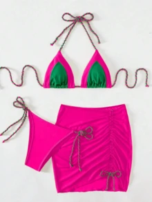 Women's Mesh Bikini Three-Piece Bikini Set With Color Block & Braided Straps Detail Summer Beach - Hot Pink - View 3
