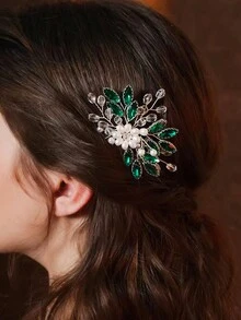1pc Bridal Hair Comb With Pearls, Green Rhinestones For Women - Green - View 6