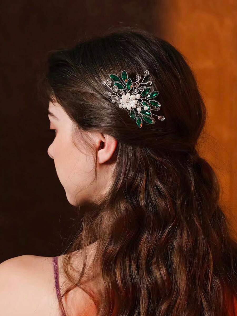 1pc Bridal Hair Comb With Pearls, Green Rhinestones For Women - Green - View 1