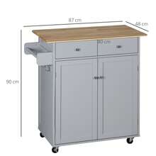 HOMCOM Rolling Kitchen Island On Wheels, Utility Serving Cart With Rubber Wood Top, Towel Rack, Hooks And Storage Drawers, Grey - Grey - View 6