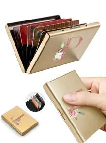 1 pieza Estuche de tarjeta delgado con diseño de iniciales de letra de A a Z en color oro rosa, cartera minimalista fina de metal de aluminio, organizador de tarjetas, tarjetero, billetera para hombres y mujeres, protector RFID