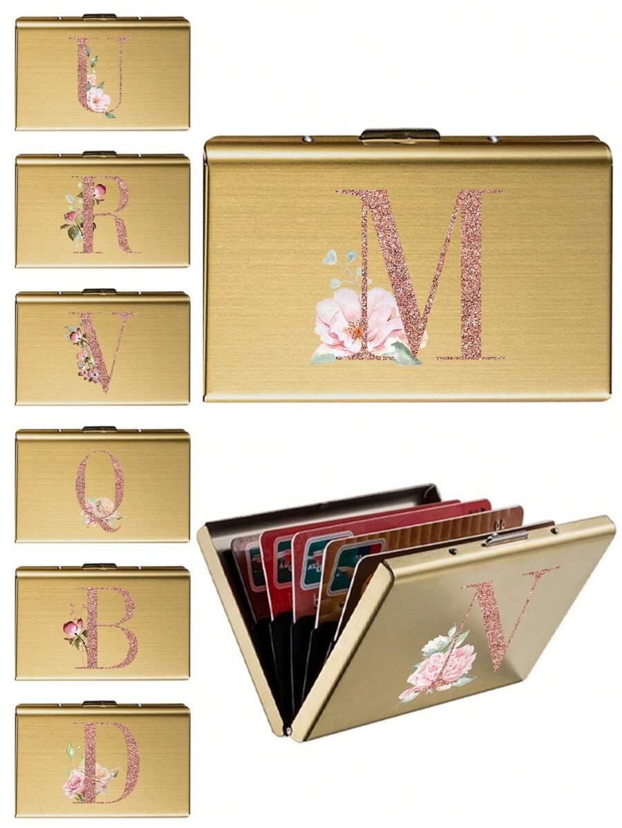 1 pieza Estuche de tarjeta delgado con diseño de iniciales de letra de A a Z en color oro rosa, cartera minimalista fina de metal de aluminio, organizador de tarjetas, tarjetero, billetera para hombres y mujeres, protector RFID