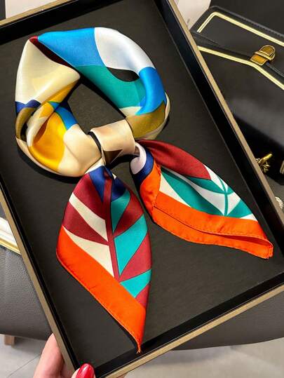 1 pieza Pañuelo cuadrado de 27.5 pulgadas de seda sintética premium con estampado floral, pañuelo de moda para mujer, accesorio versátil para el cabello, diadema, corbata para el pelo, primavera/verano