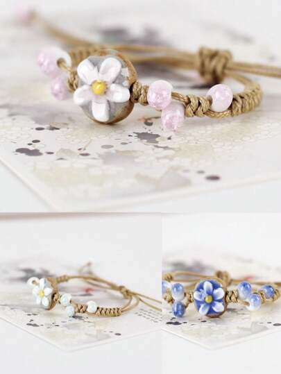 1 pièce Bracelet décoré de fleurs en céramique simple et , fait main et ajustable pour femmes - Idéal pour la Saint-Valentin, Mère, Mère, Fête des Mères, Cadeau