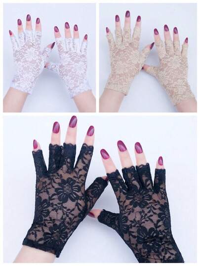 1 Par Guantes Elegantes Sexy De Encaje Floral De Medio Dedo Para Mujer