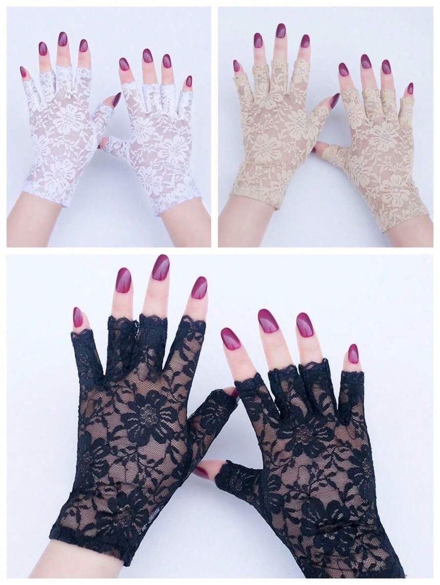 1對女性的花邊半指蕾絲性感優雅手套 - 彩色 - 查看 1