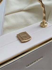 Pu Lychee Textured Metal Bamboo Design Handbag Decorated With Gold-Tone Side Border & Hot-Stamped Letter, Structured Box Bag For Ladies With Chain Strap - Suitable As A Gift - White - View 11