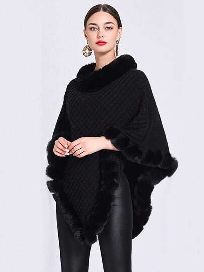 1 件女士优雅纯色拼布人造毛皮超大斗篷毛衣