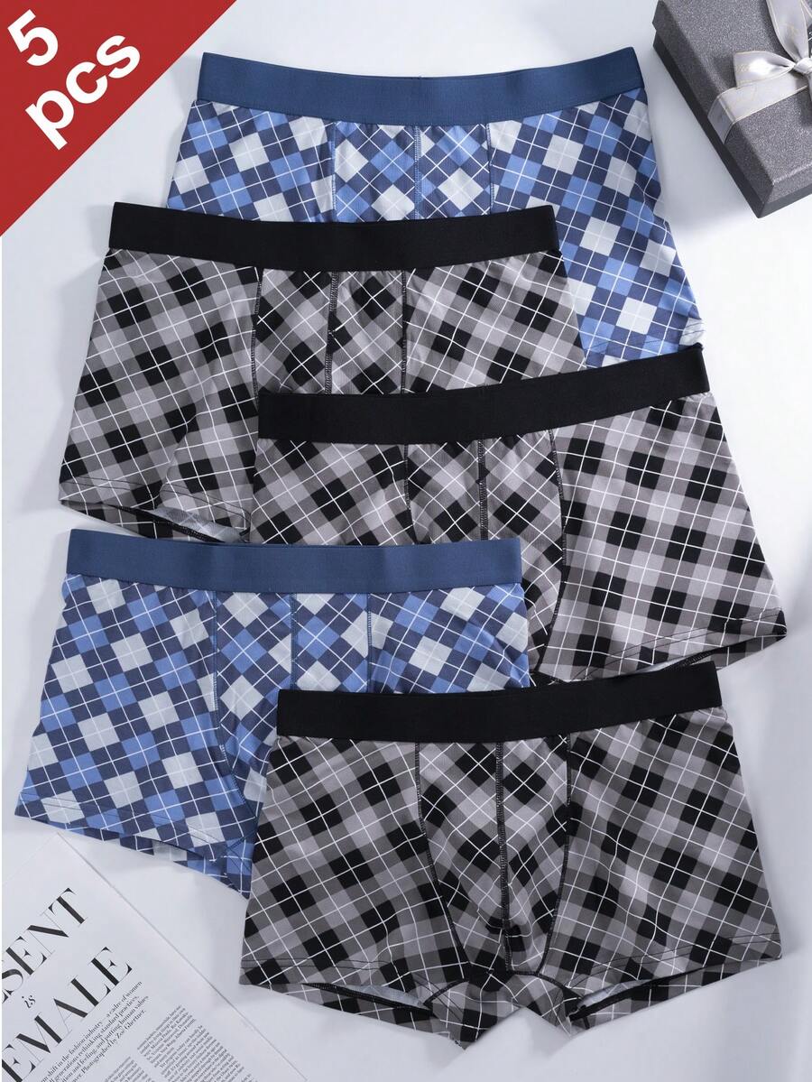 5 Piezas Pantaloncillos Cortos Tipo Bóxer Para Hombre Con Patrón De Cuadrícula De Diamantes - Multicolor - Ver 1