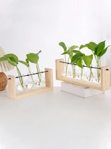 創意玻璃桌面水耕植物容器,木框透明玻璃試管花瓶,家用桌面盆栽裝飾工藝品 - 彩色 - 查看 3