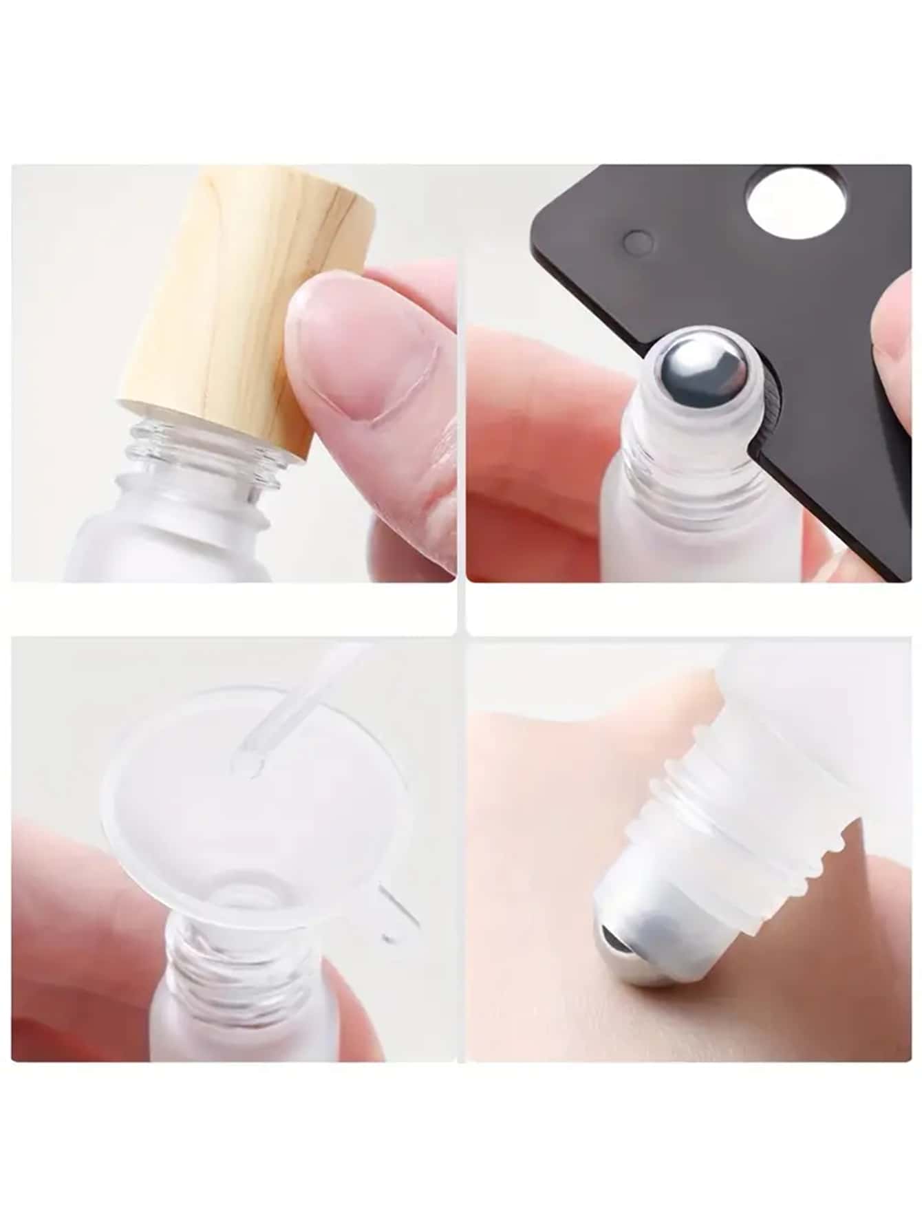 Refillable Frosted Glass Vial, Essential Oil Bottle, Roller Bottle With Stainless Steel Ball, Wood Grain Lid, Empty Travel Perfume Bottle (0.17/0.34OZ, 5/10ml) Travel Essentials Travel Organizer For Beach Summer Vacation Back To School School Supplies Holiday Camping Holiday Essentials Accessories Mini Perfume For Women Perfume For Men Travel Accessories Travel Must Haves School Accessories Stuff Back To School Supplies - Clear - View 6