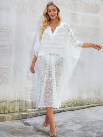 White Long Lace Cover-Up, Women's Loose Beach Dress Summer