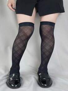 1 Par De Calcetines Sobre Las Rodillas A Cuadros De Diamantes Para Mujeres, Nuevos Calcetines De Tubo Largo Para El Mercado Transfronterizo, Estilo Japonés De Chica Escolar, Diseño De Caña Alta